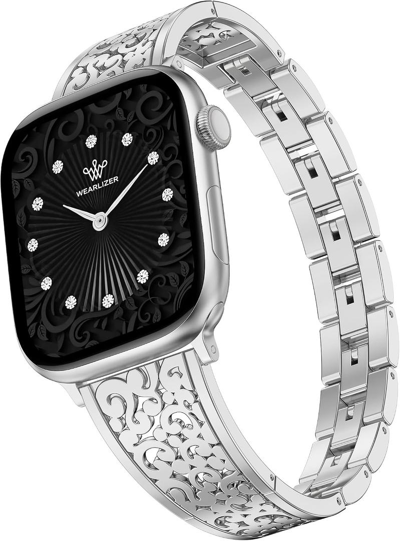 Wearlizer Compatible with Apple Watch Bands for Women 41/ 40/ 38/ 42mm, Jewelry Dressy Stainless Steel Metal Scrollwork Chain Bracelet for iWatch Band Series 11 10 9 8 7 6 5 4 SE 3 2 1 Silver