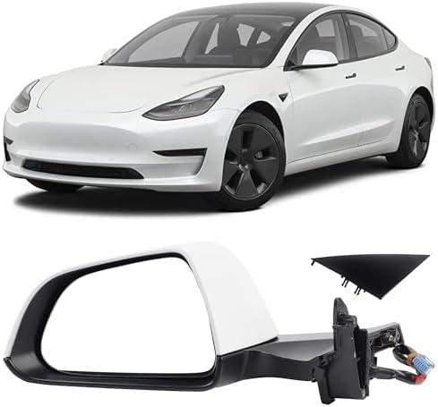 Dasbecan Driver Side Mirror Assembly Compatible with 2017-2023 Tesla Model 3 Left Mirror Pearl White with Power Adjusted/Power Folding/Heated & Memory Recall