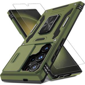 DEERLAMN Case for Samsung Galaxy S25 Ultra with Slide Camera Cover+Screen Protector (1 Pack), Rotated Ring Kickstand Military Grade Shockproof Protective Cover-Olive Green (S25 Ultra-6.9 Inch)