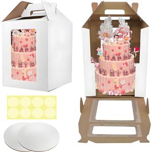 Cake Boxes - 2 Pack Tall Cake Box 10x10x12 Inch Disposable Layer Carrier with Window Large Tierd Cake Out Transport Containers with Handle for Wedding, Birthday, Party(White)