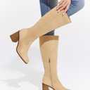 Coutgo Women's Knee High Boots Wide Calf Square Toe Chunky Heeled Pull-on Boot (11)