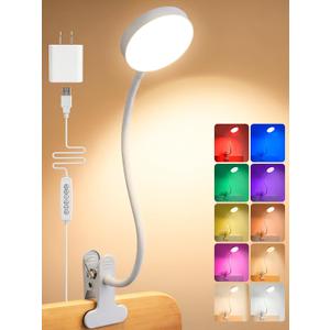 Clip on Light,10 Colors RGB Desk Lamp with Clamp,10 Dimmable Reading Lamp | 500 Lumen Eye-Caring Clip on Lamp,360 Adjustable Clip on Reading Light for Bed/Headboard/Bedside Table/Bedroom,USB Adapter