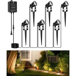 All-in-One Low Voltage Landscape Lighting, Dusk to Dawn Transformer Timer, Waterproof Spotlights, Dimmable LED Outdoor Landscaping Lights Kit for Yard Backyard Tree House 24V (6 pack warm white)