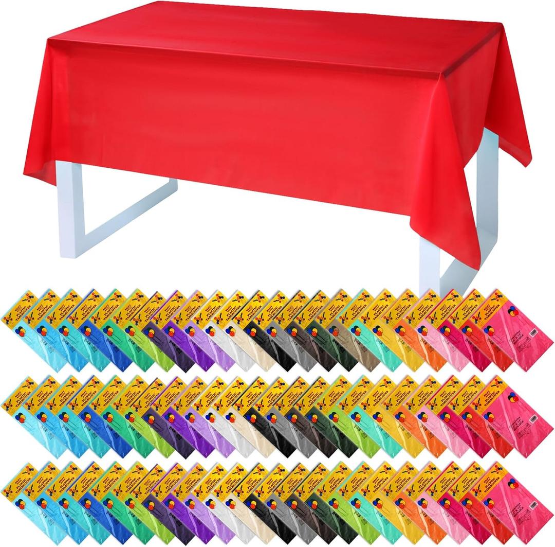 Oudain 68 Pack Disposable Plastic Tablecloth, Fiesta Party Decorations, 54" x 72" Rectangle Waterproof Table Covers for Parties, Indoor & Outdoor Use, 34 Assorted Colors