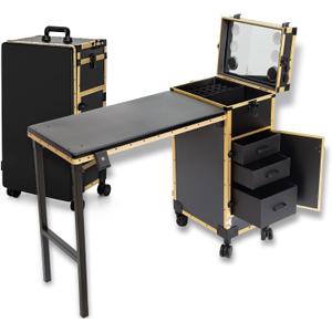 Rolling Manicure Table with 3 Drawers, Portable Nail Desk for Nail Tech, Foldable Nail Table Lockable Makeup Case with Mirror, Nail Polish Organizer, Mobile Nail Tech Workstation with Wheels