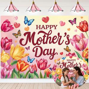 Happy Mother's Day Backdrop 7x5FT Tulip Butterfly Mothers Day Photography Background Best Mom Ever Party Decorations Supplies Photo Props