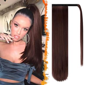 BARSDAR Dark Auburn Straight Wrap Ponytail Extension - 26 Inch Long Straight Wrap Around Ponytails for Women, Synthetic Clip in Ponytail Extensions Dark Auburn Pony Tails Hairpieces