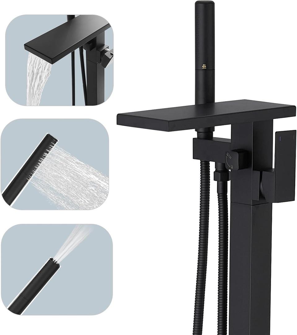 Hoimpro Tub Filler Freestanding Bathtub Faucet Matte Black Floor Mount Tub Faucet Waterfall Free Standing Bathtub Filler High Flow Brass Bath Shower Faucets with Handheld Sprayer