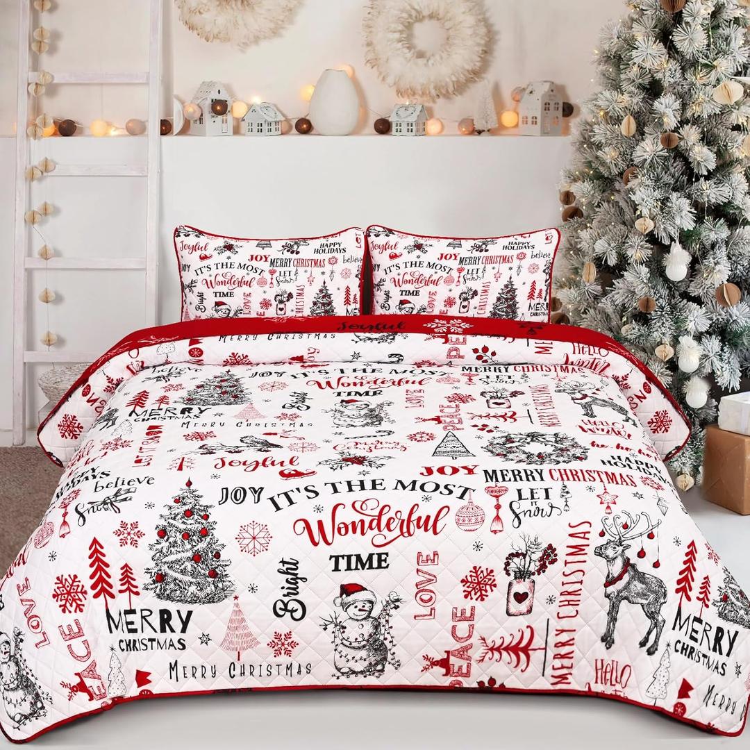 Likiyol 3 Piece Christmas Quilts Queen Size Xmas Tree Reversible Bedding Set Elk Snowman Bedspread Coverlet with 2 Pillow Shams, Microfiber Comforter Set for Christmas Decorations (90'' x 90'')