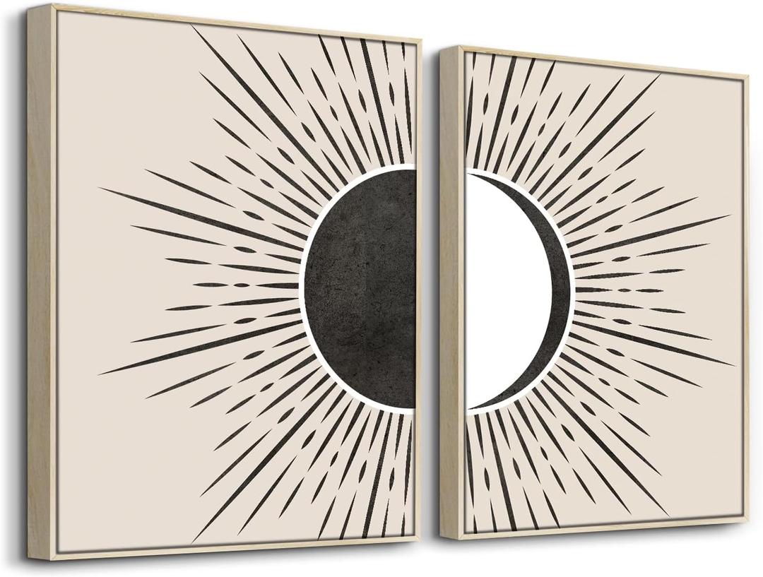 SERIMINO Black and White Wall Art Framed, Boho Canvas Wall Art for Living Room, Set of 2 Sun and Moon Painting Prints for Bedroom Decor Aesthetic,20 x28 inch