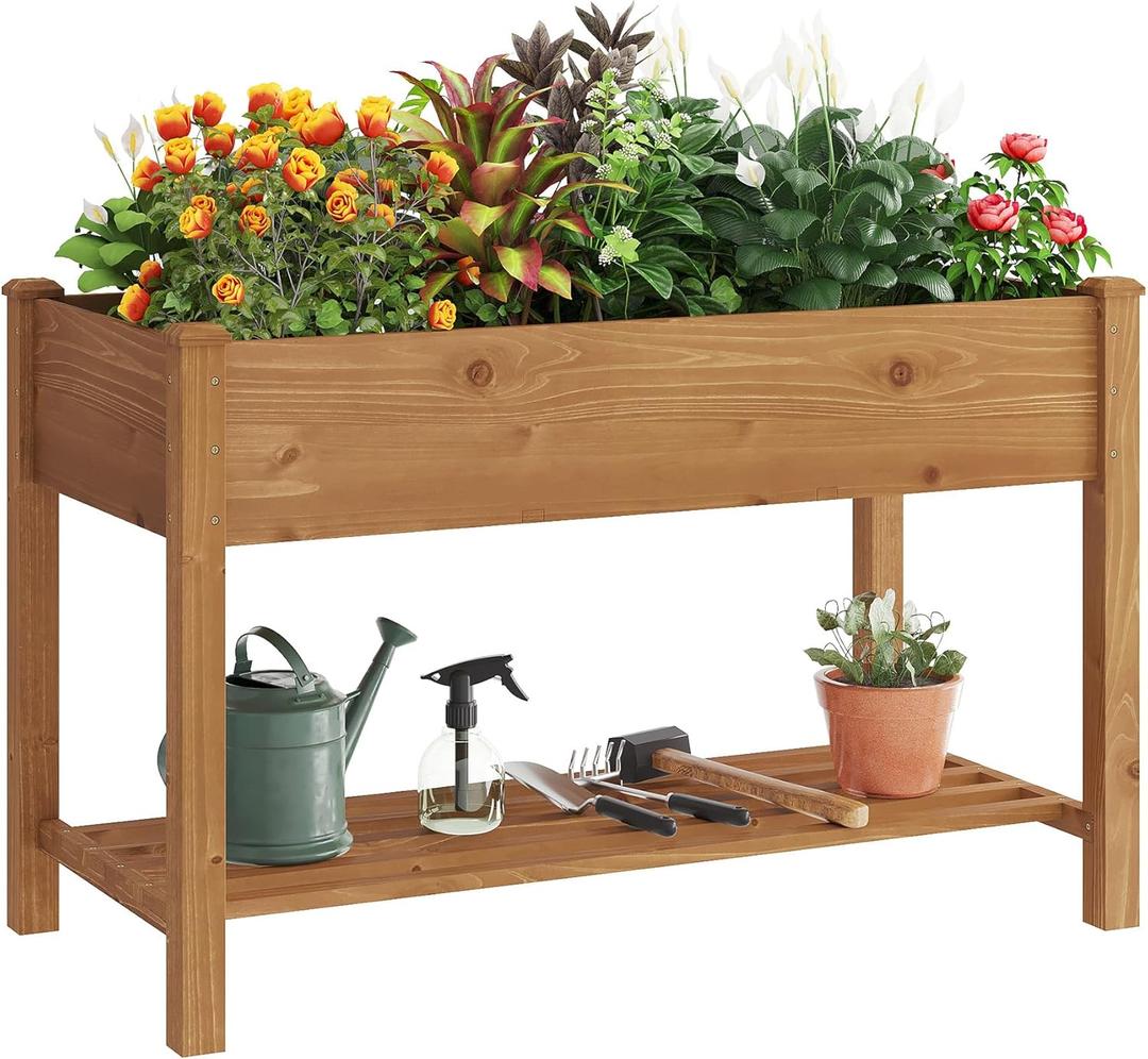 GHWIE Raised Garden Bed with Shelf,Elevated Wooden Planter Box with Legs,Garden Planter for Backyard, Patio, Balcony (48*23.6*30.7in, Brown)