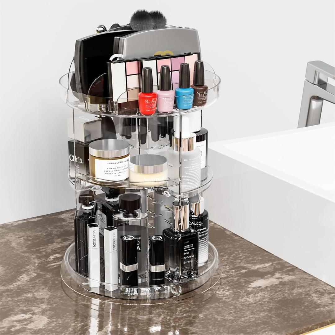 Yieach 360 Rotating Makeup Organizer for Vanity,Clear Spinning organizer and Make up organizers for Counter,Adjustable Lazy Susan Bathroom Organizer for Beauty Product and Skin Care Storage Carousel (NO Patterns Decor)
