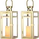 TRIROCKS Set of 2 Stainless Steel Decorative Lantern 12'' High Metal Candle Holder Outdoor Candle Lantern with Tempered Panels for Home Decor Living Room Parties Events Tabletop Indoor Outdoor (Gold)