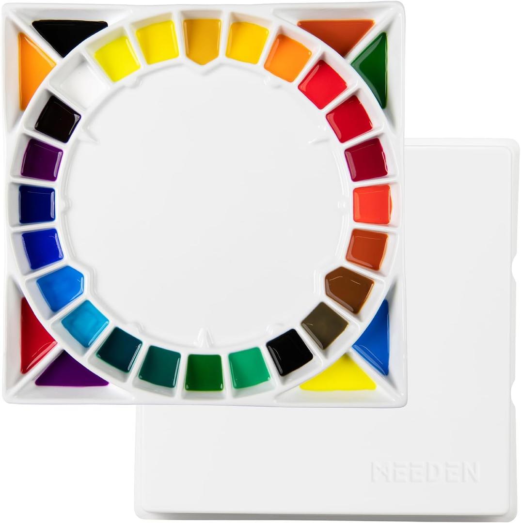 MEEDEN Large 32-Well Ceramic Watercolor Palette with Lid, Porcelain Paint Palette for Watercolor Painting with Cover, Big Mixing Tray for Artist, 12-3/5-Inch Square,White