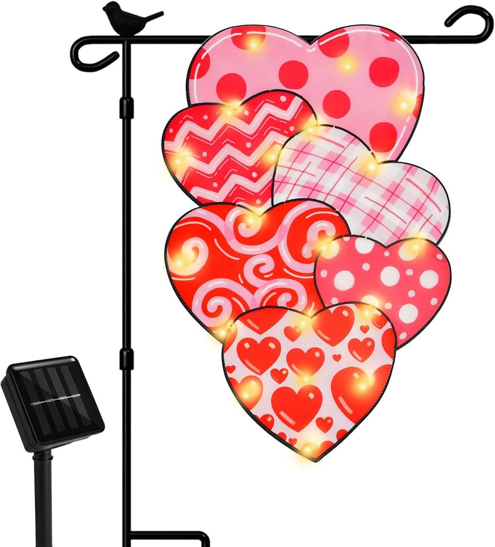 Valentine Garden Flag - 12x18 Inch Double-Sided Solar Powered LED Heart Flag with 8 Lighting Modes, Perfect for Outdoor Yard and Home Valentines Day Decorations