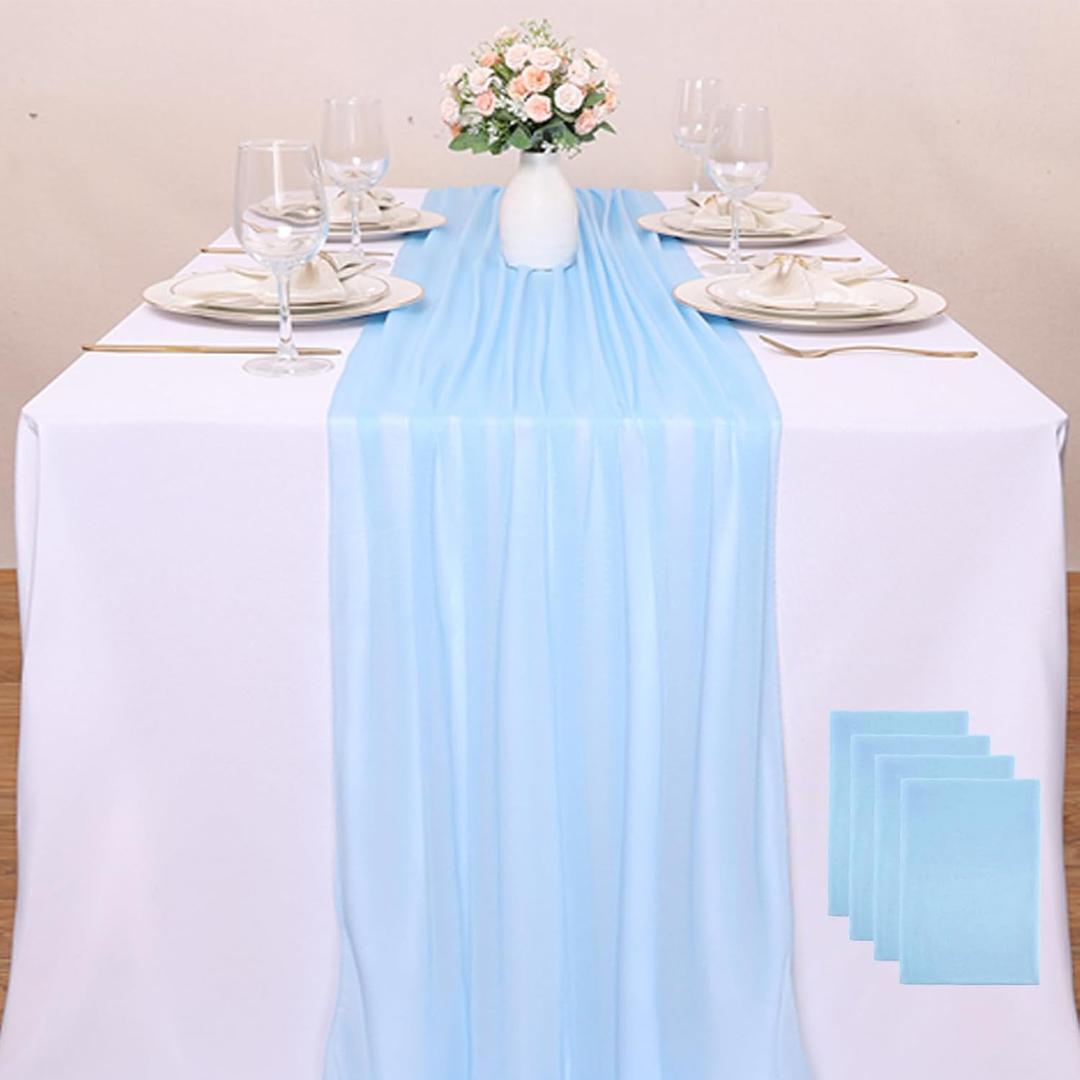 4 Packs Blue Chiffon Table Runner 120 Inches Romantic Wedding Runner 10FT Sheer Party Table Runner for Baby Brdal Shower Tea Party Decoration