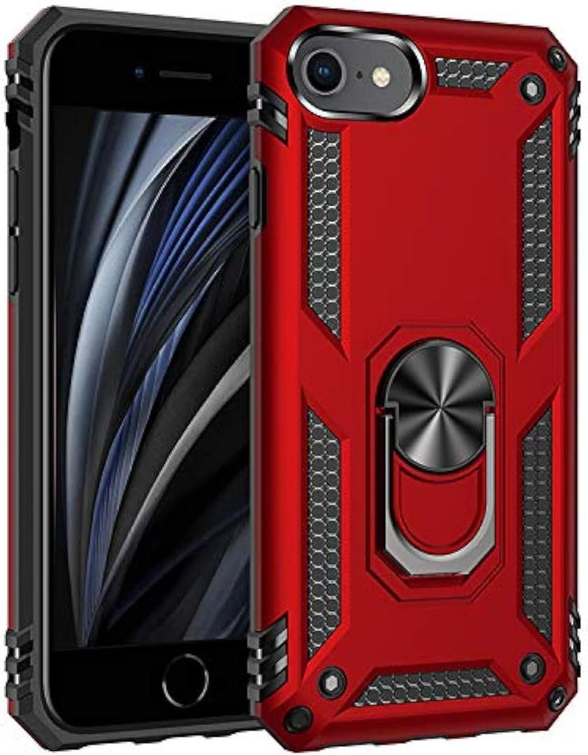 Korecase for iPhone SE 3 Gen 2022 Case,iPhone SE 2020 Full Body Rugged with Built-in Finger Ring Kickstand Military Heavy Duty Protection Shockproof Cover for iPhone SE 2022 4.7 Inch - Red