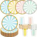 CHENGU Disposable Plates for Party Disposable Dinnerware Set Include 7 Inch Paper pastel Dessert Plates and 12 oz Cups for Birthday Party Supplies Baby Shower Wedding (Stripe Style,80 Pcs)