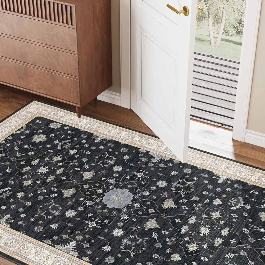 3x5 Area Rug for Entryway, Small Black Boho Washable Rug, Soft Modern Low Pile Indoor Doormat, Carpet for Bedroom Bedside Living Room Bathroom Playroom Kitchen Dining Room Laundry, Black/Gold