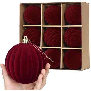Waipfaru 9PCS 3.94In Large Velvet Ornaments for Christmas Tree, Burgundy Red Velvet Christmas Ornaments Balls Set, Shatterproof Flocked Hanging Ornaments for Xmas Tree Wreath Garland Home Decor