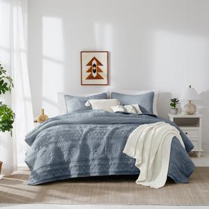 WDCOZY Boho Blue Grey Oversized California Cal King Size Quilt Bedding Sets with 2 Pillow Shams, Farmhouse Lightweight Soft Bedspread Coverlet for All Season, 116x106 inches