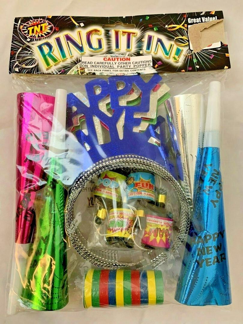 Metalic 8" HAPPY NEW YEAR Party Pack with Set of 4 Hats & Horns