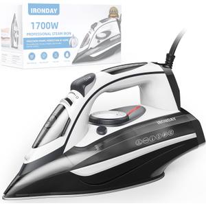 IRONDAY 1700W Steam Iron for Clothes Rapid Heating, Stick Ceramic Soleplate, 3-Way Auto-Off, Burst of Steam, 14.07oz Water Tank Ironing Clothes for Home