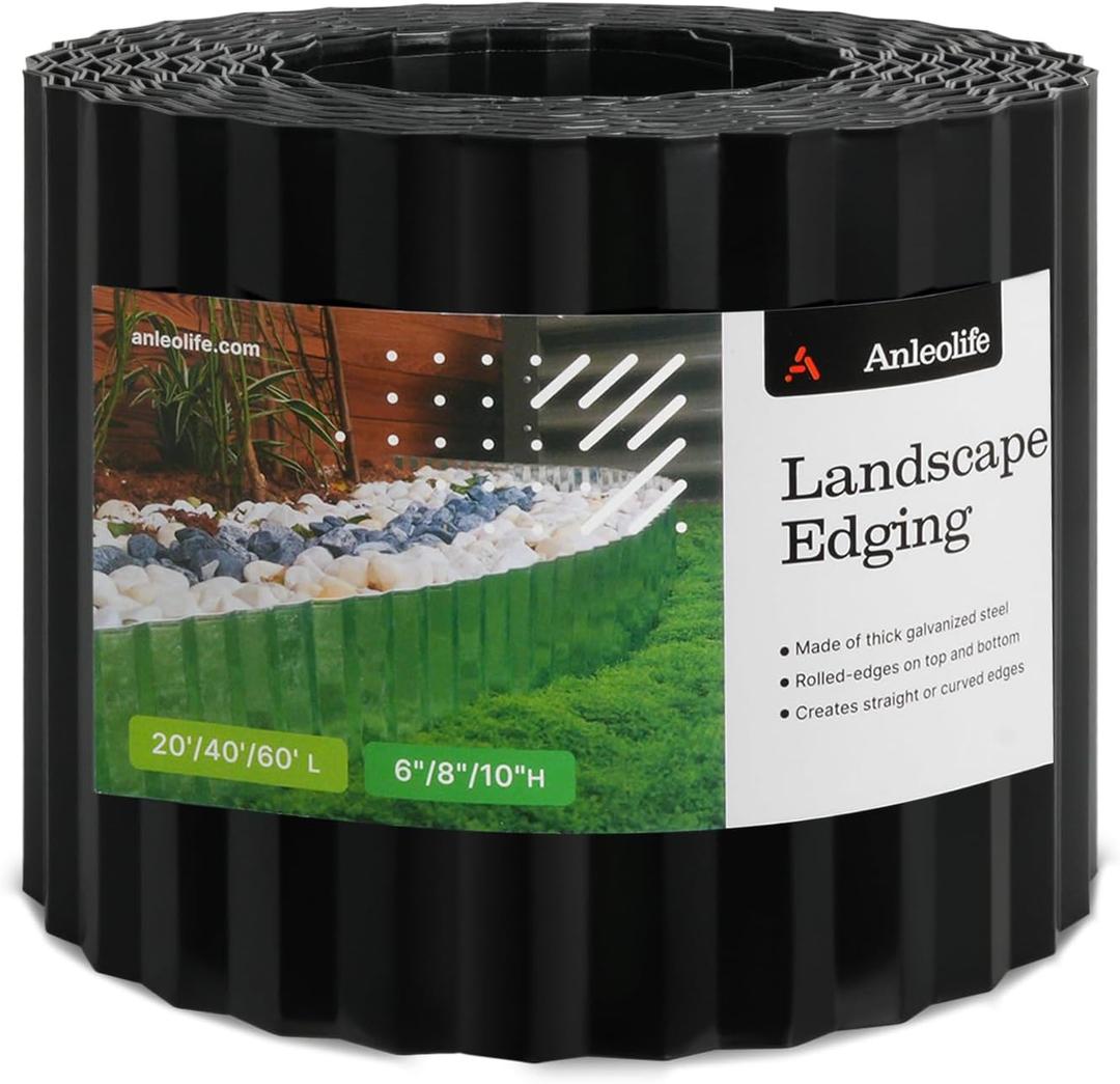 A ANLEOLIFE 20FT Galvanized Steel Landscape Edging Roll, 8" Tall Sturdy Flexible Corrugated Metal Lawn Border for Garden, Pathway & Flower Beds, Black