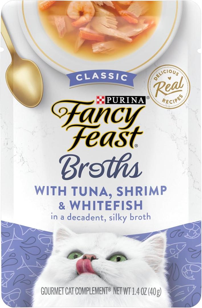 Purina Fancy Feast Broths Classic Cat Food Topper With Tuna, Shrimp, and Whitefish - (Pack of 16) 1.4 oz. Pouches, BBD 03/2028