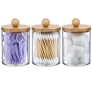 VITEVER 3 Pack Qtip Holder Dispenser with Bamboo Lids - 10 oz Clear Plastic Apothecary Jar Containers for Vanity Makeup Organizer Storage - Bathroom Accessories Set for Cotton Swab, Ball, Pads, Floss