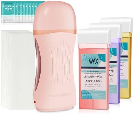 Roll On Wax Kit, Portable Wax Roller Kit for Coarse/Fine Hair Removal, Beginners Waxing Roller for All Skin Types with 3 Pcs 100g Roll Cartridge, 100 Non-Woven Strips & 10 After Oil Wipes (F8_Pink)