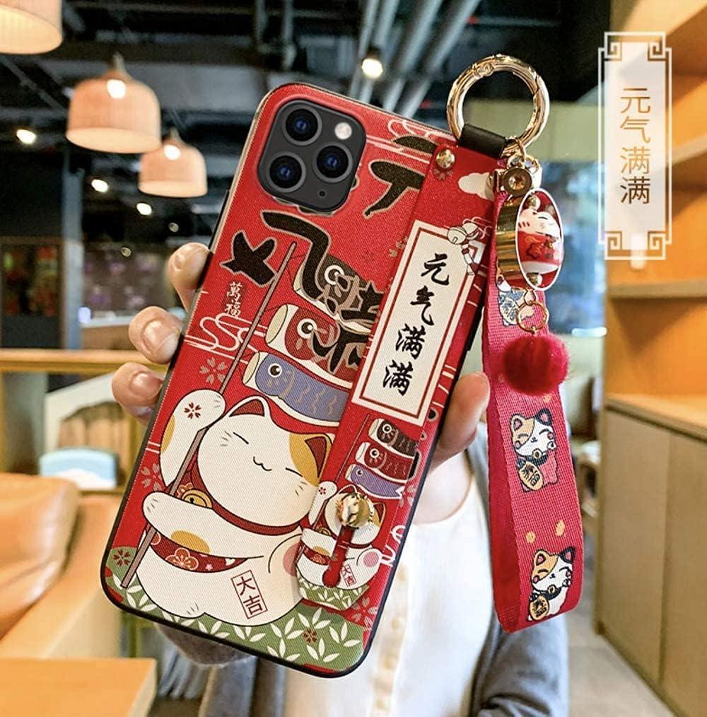 Compatible with iPhone 15 Pro Max Case, 6.7 inch Cute Japanese Lucky Cat Design, Glitter Luxury Soft 3D Phone Case with Wrist Strap, Compatible with iPhone 15 Pro Max (Red)