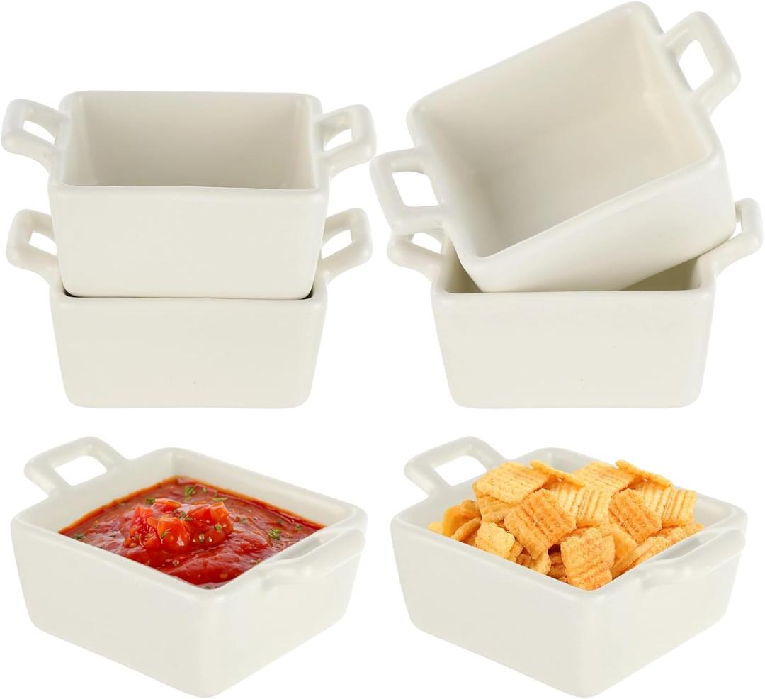 6 Pcs Ceramic Dipping Bowls,3 oz Small Baking Dish,Pinch Bowl with Double Handles, Oven and Microwave Safe Mini Bowls for Side Dish, Ketchup, Snacks, Condiments