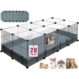 20 Panels Small Animal Playpen, 48" x 24" x 16" Pet Playpen with Waterproof Mat, C&C Cage for Guinea Pigs, Rabbit/Bunny/Baby Chicken Cage,Bunny/Puppy/Chicken Pen Indoor Outdoor Portable Metal Fence
