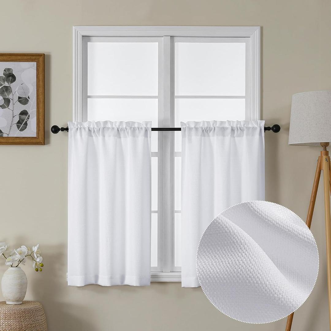 Lecloud Bessie White Kitchen Curtains 36 Inch Length 2 Panels Set, Faux Linen Textured Tier Curtains Short, Light-filtering Small Cafe Curtain Window Treatments for Basement Bathroom, Each 30 W x 36 L
