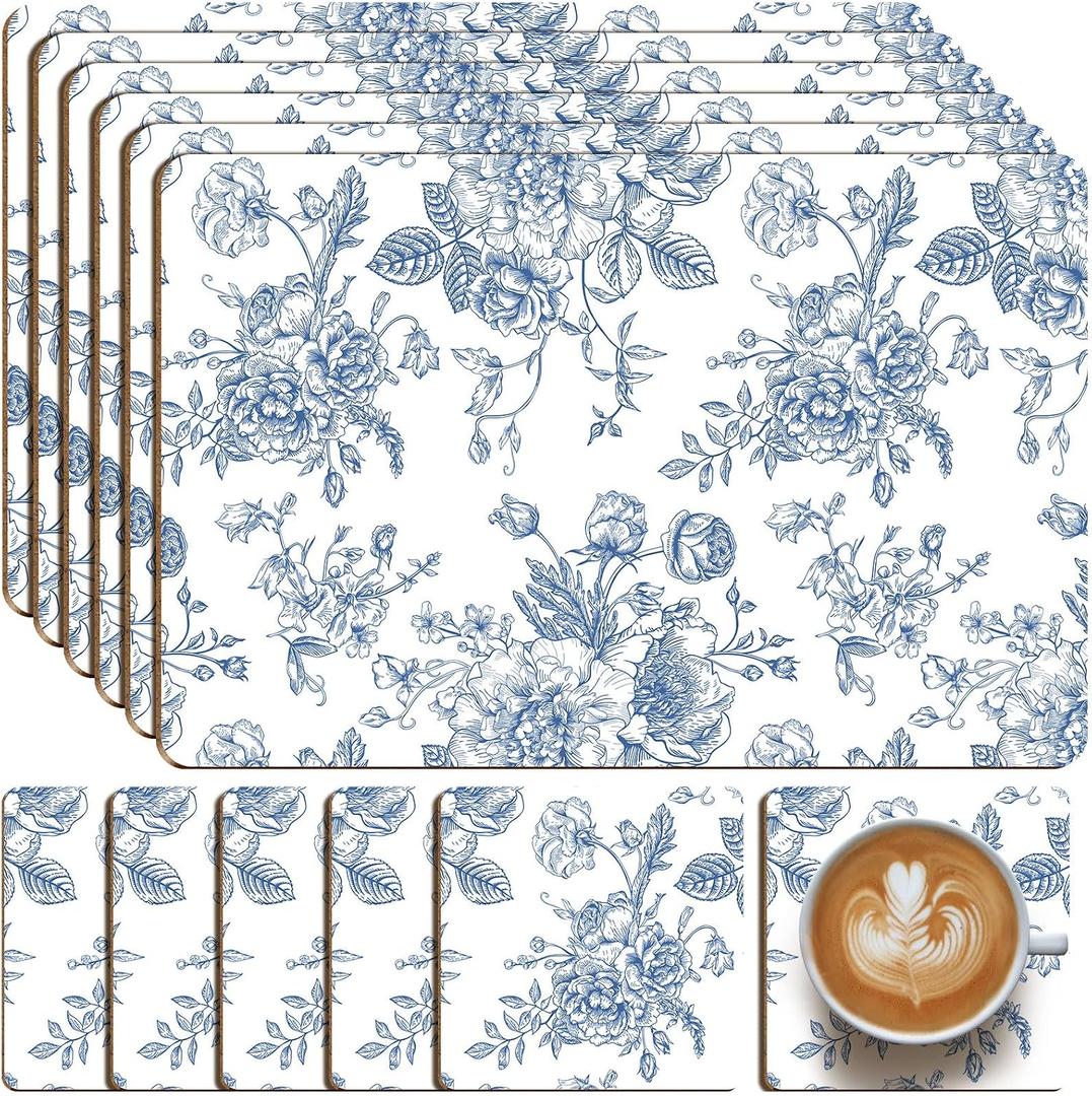6 Sets Blue and White Floral Cork Placemats with 6 Coasters, 16x12 Inches Heat Resistant Cork Backed Table Mats, Square Coasters for Rustic Kitchen Dinner Table Setting Supplies