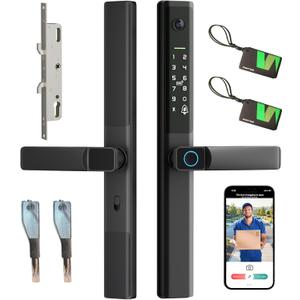 Sliding Glass Door Smart Lock with Handle Keyless Entry Sliding Door Lock with Image Doorbell Fingerprint Code RFID Card Keypad Key WiFi Remote Replacment Slim Thin Frame Patio Door 2885 Mortise Lock (Black)