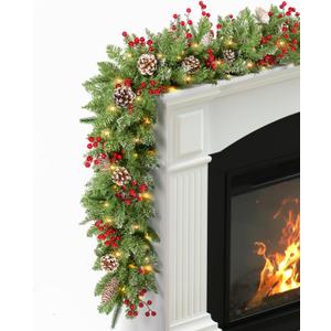 TigeJoy 9FT Prelit Christmas Garland with Warm LED Timer Lights, Frosted Pine Garland with Red Berries & Long Cedar Pinecones, 8 Modes 3AA Battery Operated Xmas Decor for Fireplace Doorway Porch