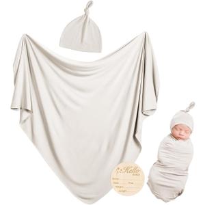 Rayon Made from Bamboo Newborn Swaddle Blanket Set with Matching Beanie, Super Soft Stretchy Baby Clothes Outfit for Girl Boy, Receiving Blankets Newborn Essentials, 35 x 35 Inch (Oat)