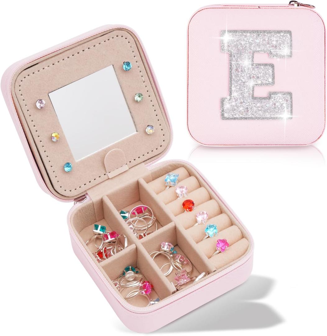 Travel Essentials for Girl - Travel Accessories Travel Stuff, Mini Jewelry Organizer Jewelry Case for Traveling, Cute Personalized Jewelry Box, Birthday Gifts for Girls Women - Pink Box | White E