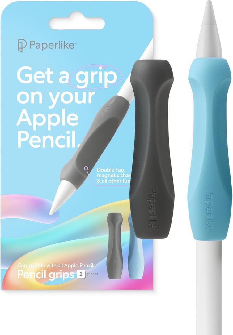 Paperlike's Pencil Grips for Apple Pencil 1st & 2nd Generation, USB-C & Pro - Set of 2 - Ergonomic precision (Charcoal & Paperlike Blue)