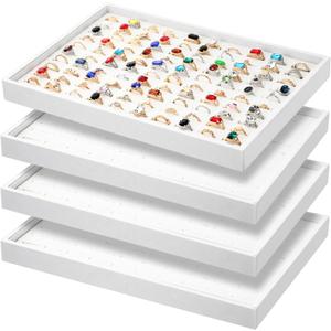 Wenqik 4 Pcs Cardboard Ring Holder with Velvet Lining, 100 Slot Inserts Stackable Ring Display Tray,13.8 x 9.4 x 1.2 inch (White)