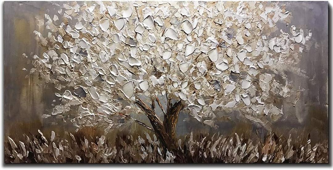 Boiee Art,24x48Inch Textured Hand Painted Canvas Paintings Silver Leaf Abstract Tree 3D Oil Paintings Landscape Artwork Modern Home Decor Wall Art Wood Inside Framed Hanging Wall Dcor