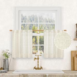 LAMIT Kitchen Semi Sheer Linen Curtains 24 Inch Long, Light Filtering Panels Back Tab and Rod Pocket Neutral Drapes for Cafe/Bathroom/Small Window, Natural, 2 Panels, 34 x 24 Inch