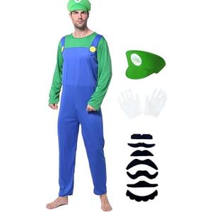 Halloween Costume Adult Plumber Jumpsuit with Hat Gloves Moustache Costume Accessories Set Large