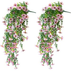 Artificial Hanging Flowers for Outdoors, 2 Pcs UV Resistant Artificial Outdoor Flowers, Not-Fading Fake Hanging Plant for Outdoor Planters for Home Garden Porch Yard Decor, Double Pink
