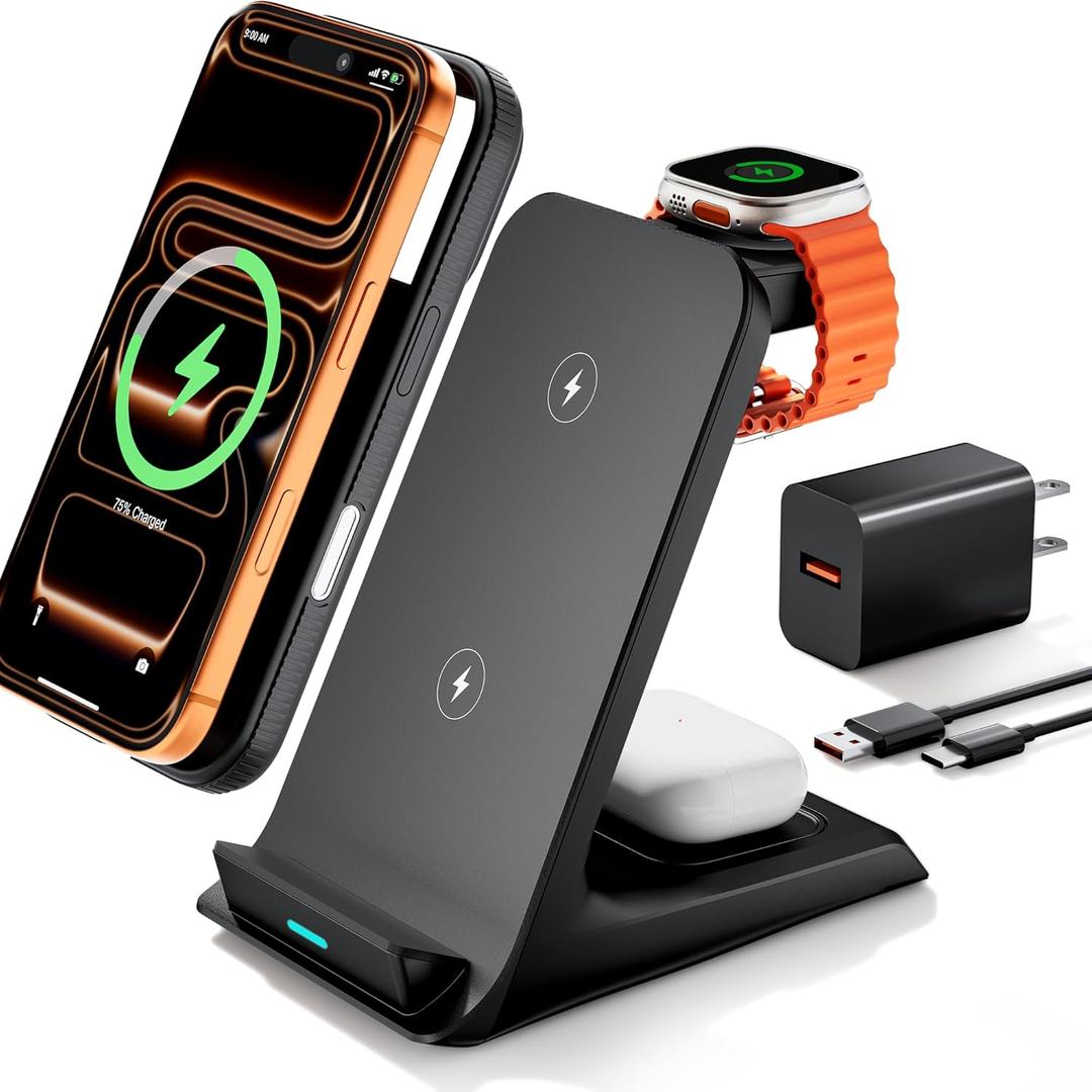 Eazpower Wireless Charger for Thick Cases of 10MM/Otterbox/Heavy Duty, 3 in 1 Charging Dock for iPhone 17 16 15 14 Pro Max, Phone Stand Charging Station for Multiple Devices for Apple Watch/AirPods (Black)