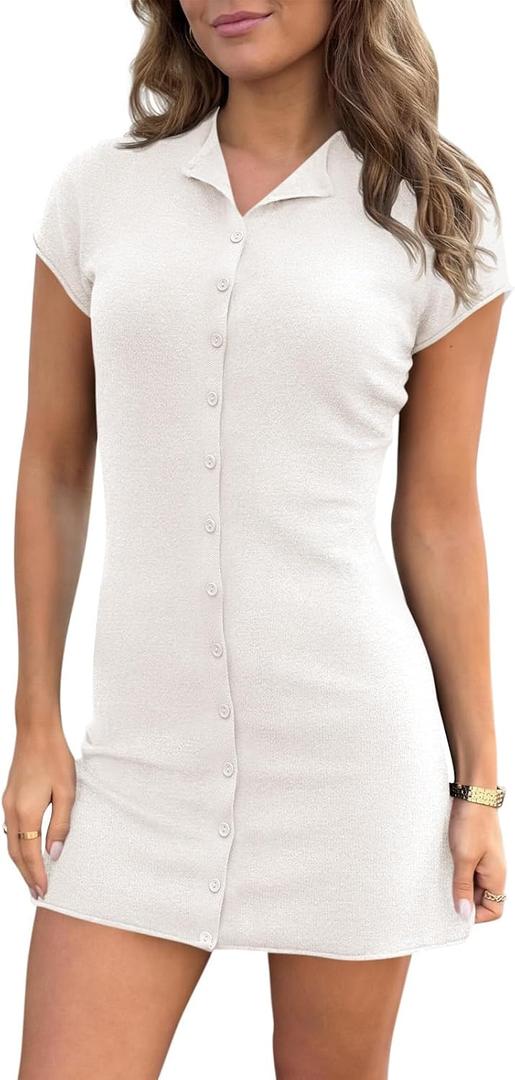 Saodimallsu Womens Button Down Mini Dress Summer Sleeveless Bodycon Casual Knit Short Cardigan Sweater Dresses (White, S)