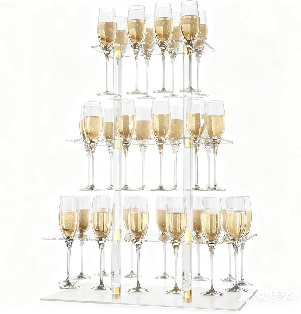 HeiMma Champagne Display Holder Stand for Party, 3 Tier Clear Acrylic Wine Glass Stemware Rack Martini Flute Holder with Led Light, Cocktail Tree Stand for Drinks, 32 Slots, Measures 26" x 20" x 12"