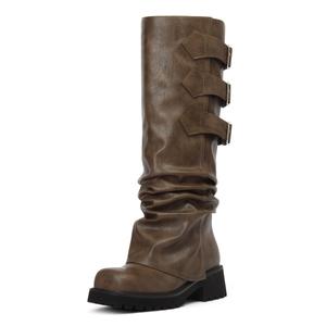 AIUNIIND Women's Knee High Moto Riding Boots, Fold Over Block Heel Platform (Brown, L)